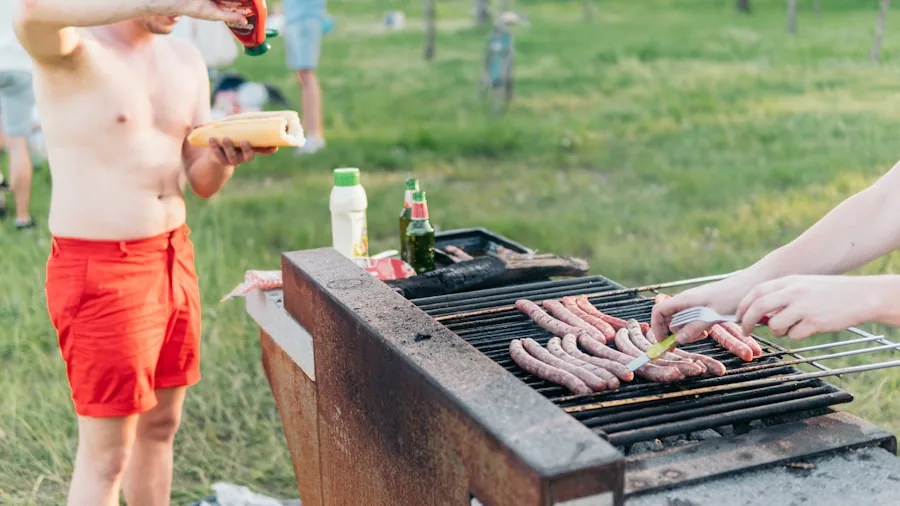 Home cook monitoring grill temperature while preparing outdoor meal on sunny patio
