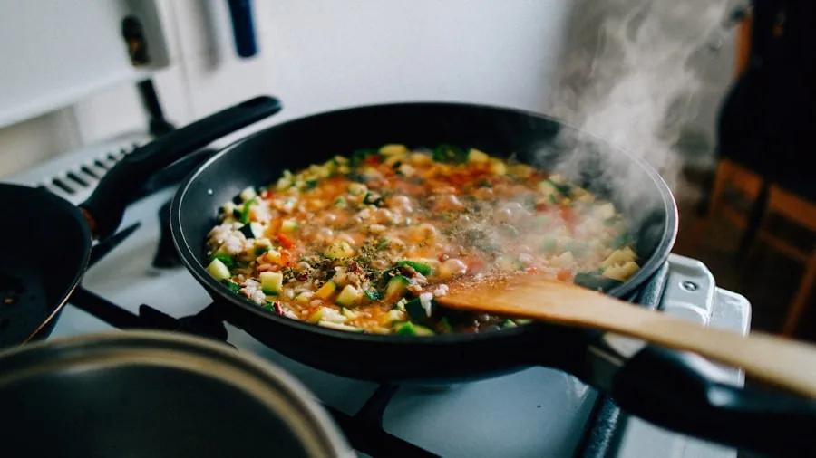 Home cook safely handling pan with ergonomic grip while preparing meal at stove