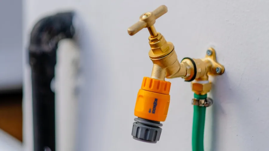 The %product_count% Best Sprinklers 4 Homeowner adjusting water pressure at outdoor faucet while inspecting yard sprinkler system