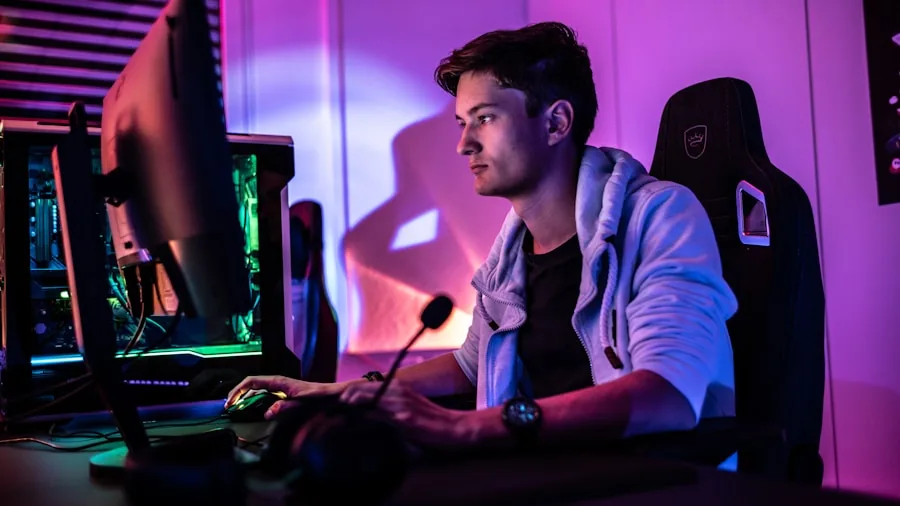 Intense gamer playing competitive video game with concentration and engagement