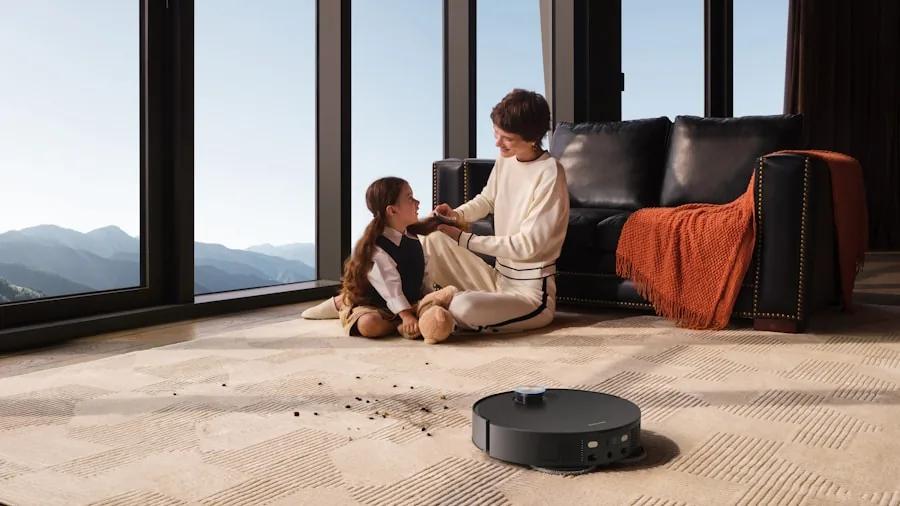 Person using carpet vacuum cleaner on living room carpet to remove dirt and debris