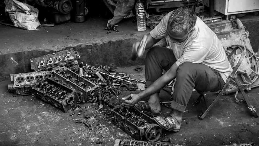 The %product_count% Best Spark Plugs 4 Mechanic examining and comparing different automotive components in a professional workshop setting