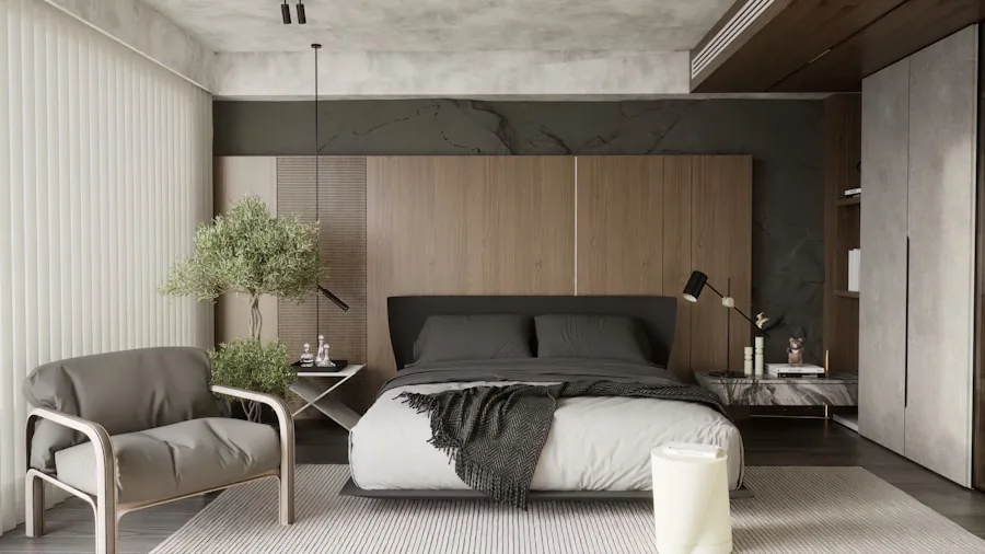Minimalist bedroom with cream and beige throw blanket draped over bed in Scandinavian-style room