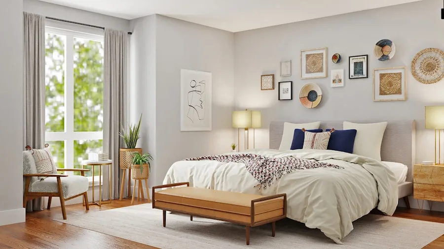 Minimalist bedroom with neutral tones, layered bedding, and decorative pillows creating a calm aesthetic