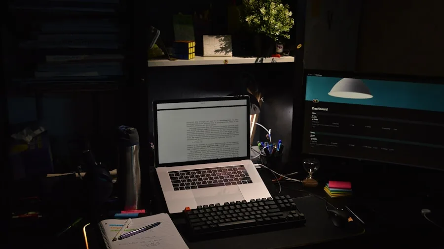 Minimalist desk setup with warm lamp lighting during evening work session, clean workspace