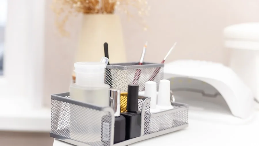 Modern bathroom interior with organized storage solutions and cleaning supplies neatly arranged
