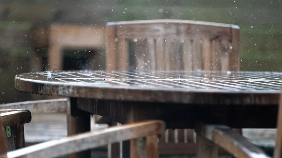 Modern covered patio with outdoor furniture during light rain, demonstrating weather-resistant outdoor living space