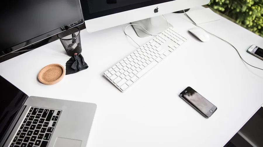 Modern desk setup with multiple devices and USB charging cables organized together