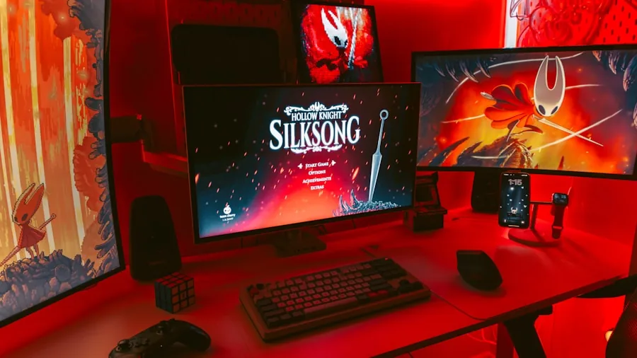The %product_count% Best Desks for Gaming 4 Modern gaming desk workspace with RGB LED lighting casting soft glow over monitor setup in dark room
