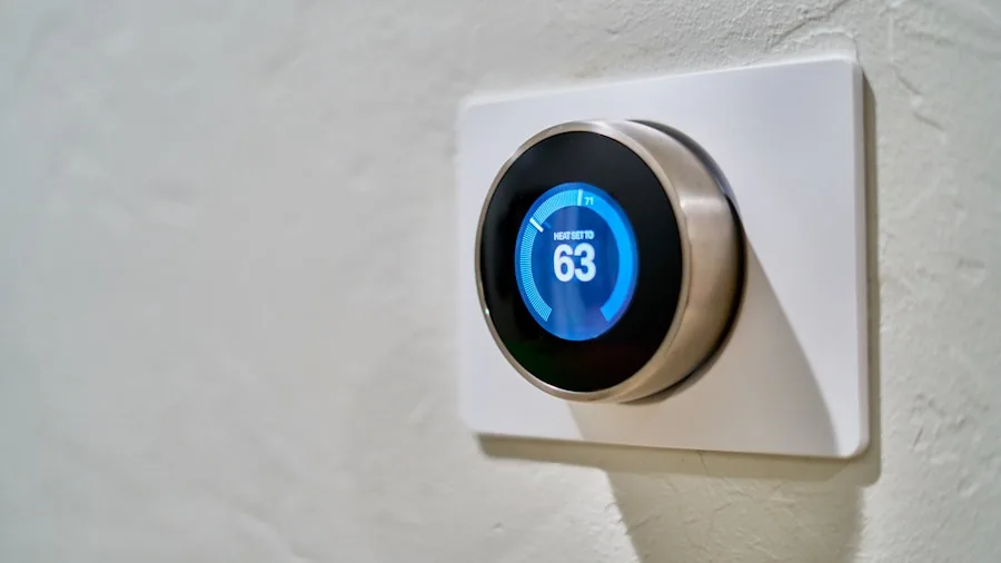 Modern home interior with person adjusting thermostat on wall, bright natural lighting through windows