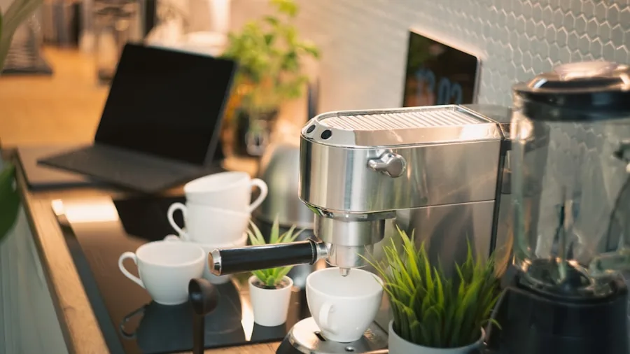 Modern home kitchen with espresso machine and coffee brewing setup on countertop