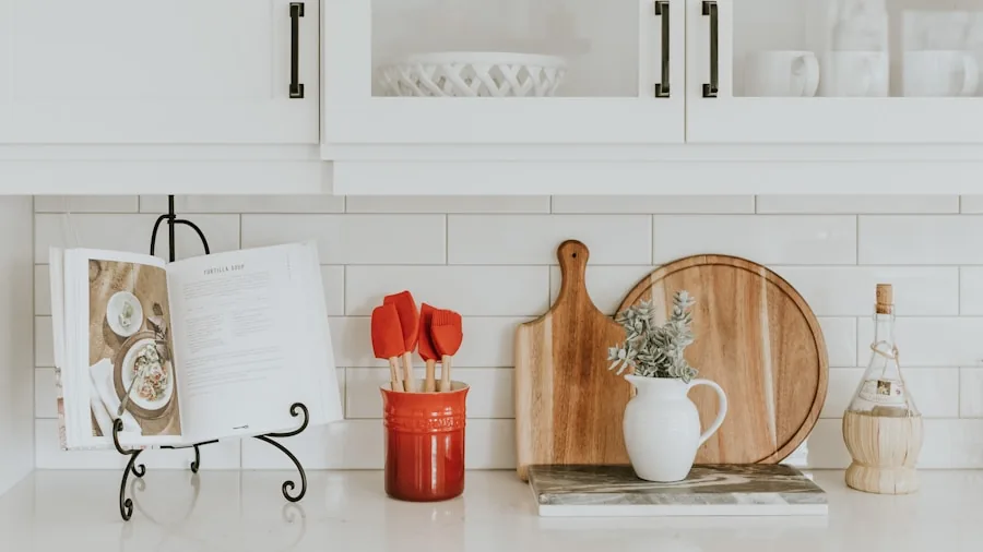 Modern kitchen counter with organized storage and cooking preparation area in home kitchen