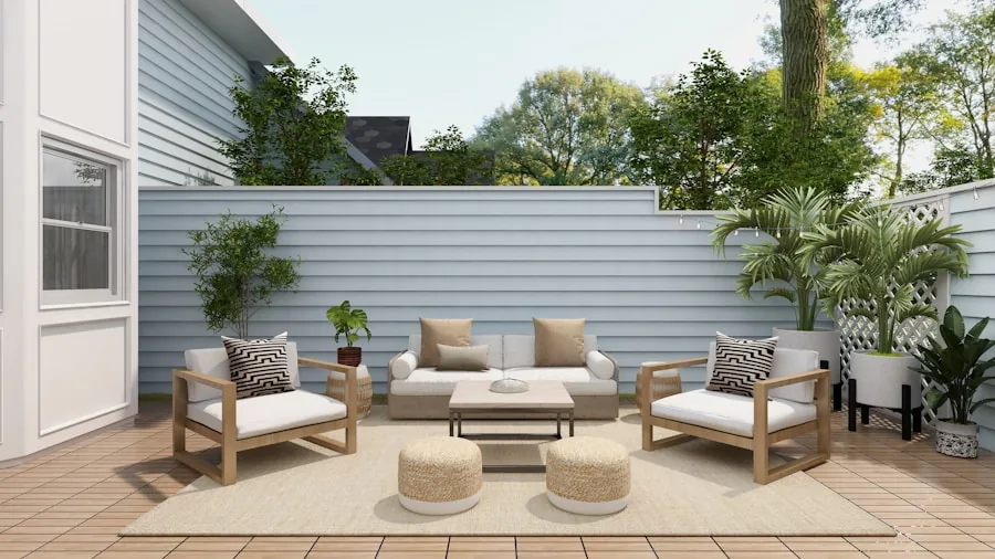 The %product_count% Best Patio Furniture 4 Modern patio seating arrangement exposed to natural sunlight and rain, demonstrating weather-resistant furniture durability