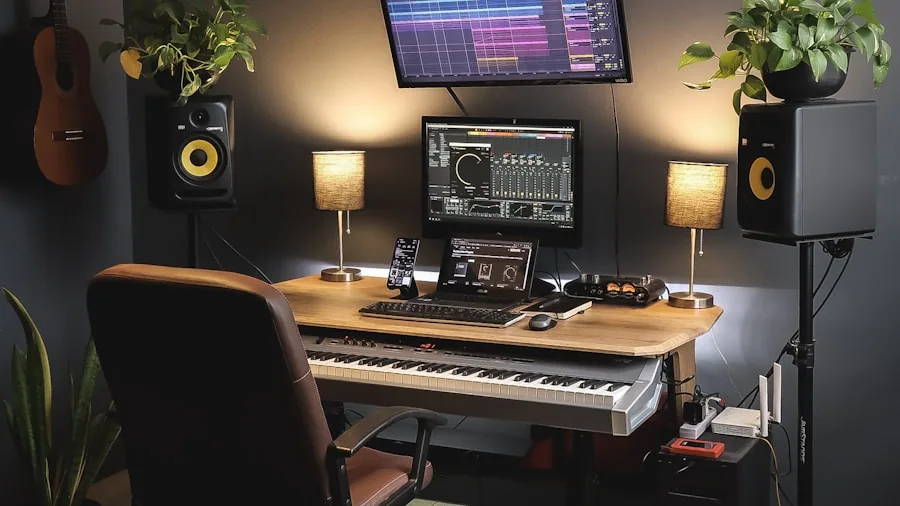 Music producer working on laptop at desk in home studio environment