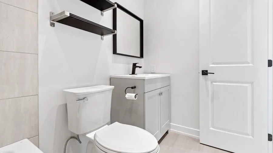 Organized bathroom interior with storage solutions and moisture-resistant containers in natural light