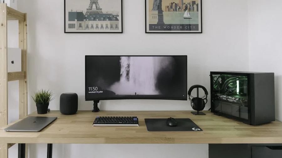 Organized computer desk with neatly managed cables and equipment arranged for optimal airflow and workspace efficiency