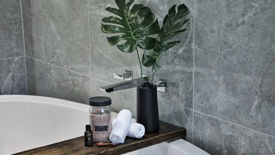 Organized shower caddy with toiletries and bath products neatly arranged in a modern bathroom setting