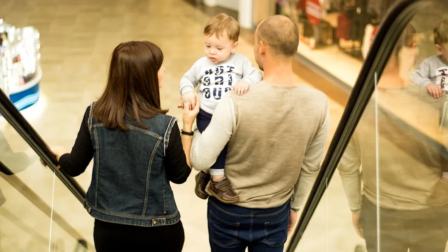 Parent managing groceries and stroller while shopping with young child in everyday setting
