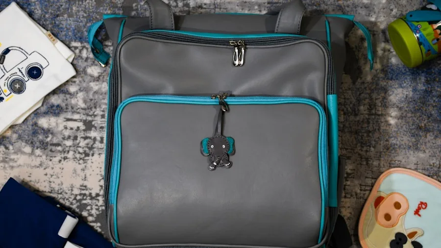Parent organizing diapers and baby supplies in a well-structured bag during daytime outing