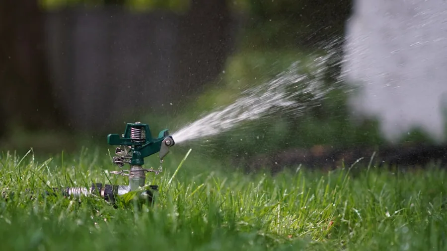 The %product_count% Best Sprinklers 3 Person adjusting a sprinkler system in a residential garden during summer watering
