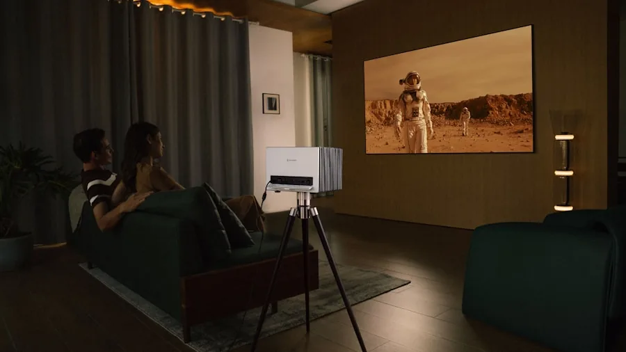 Person adjusting projector settings in a modern home theater room for optimal image display