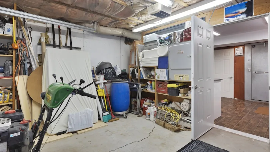 Person arranging tools and equipment in a well-organized garage workspace with storage solutions