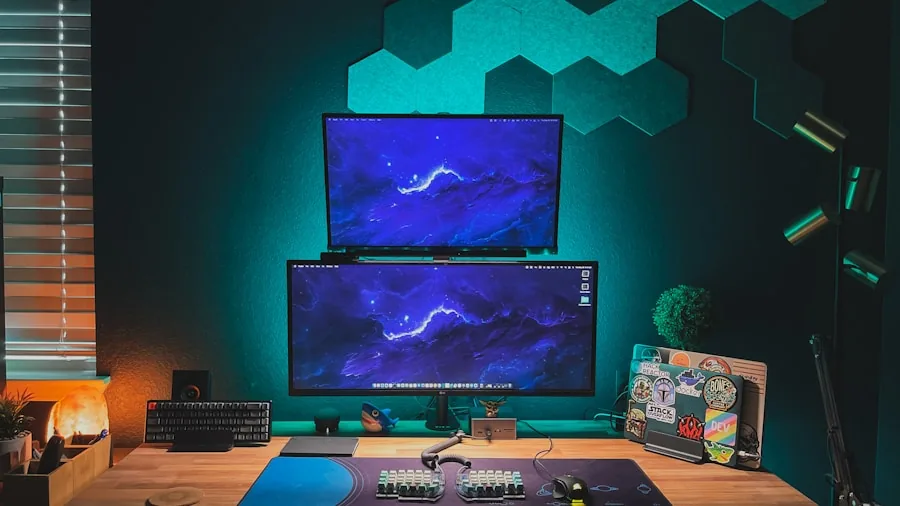 Person at gaming desk with multiple monitors and gaming peripherals in home office environment