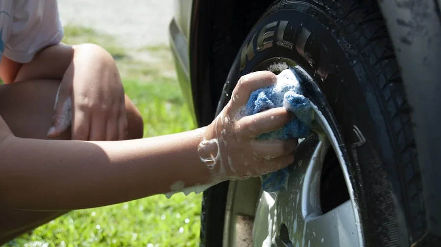 The %product_count% Best Tire Shines 4 Person carefully applying tire dressing product to vehicle wheel during car maintenance routine