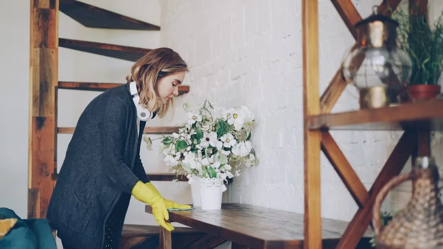 Person cleaning and maintaining pet supplies in a bright home environment