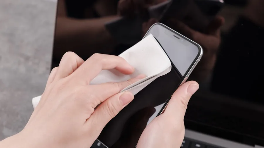 The %product_count% Best Screen Protectors 5 Person cleaning smartphone screen with cloth to remove fingerprints and smudges