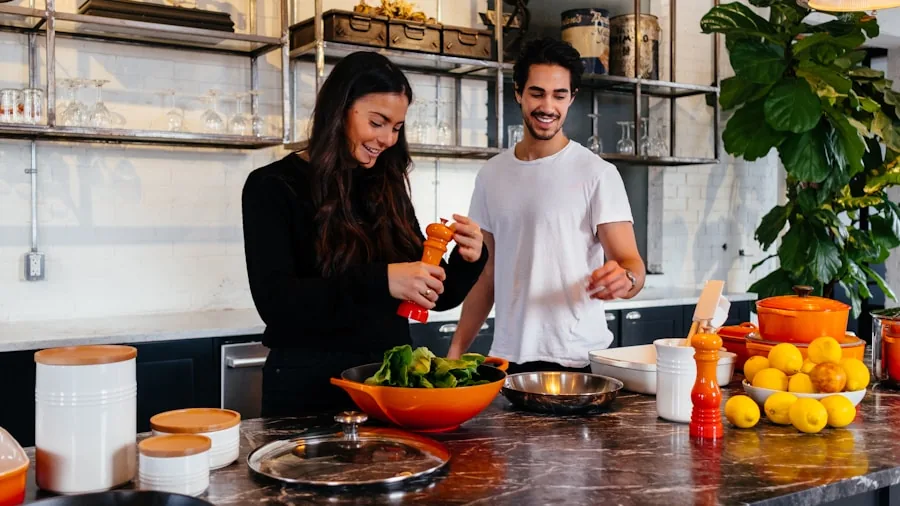 Person cooking with cast iron skillet in bright home kitchen, preparing fresh food