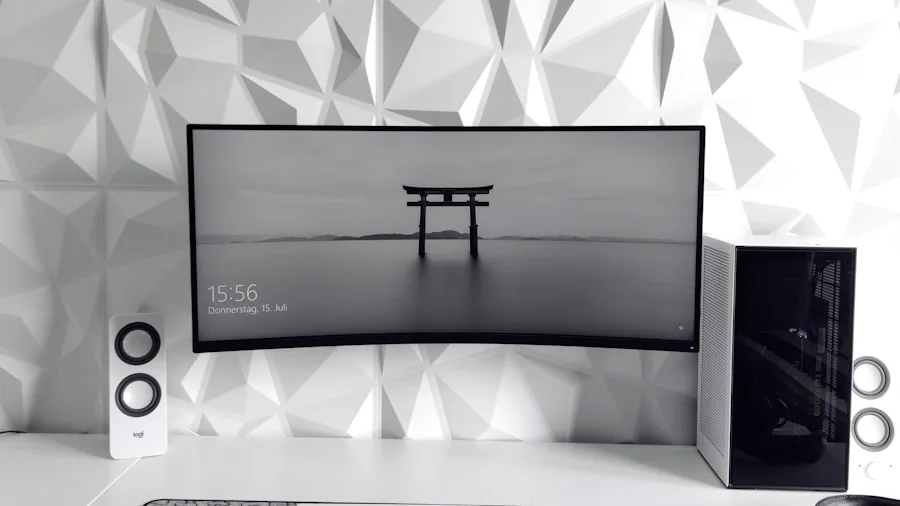 The %product_count% Best Curved Monitors 2 Person engaged in gaming at a curved monitor setup in a modern workspace environment