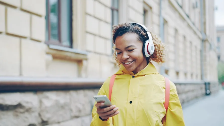 Person enjoying music outdoors during daily activity, lifestyle scene with headphones in use