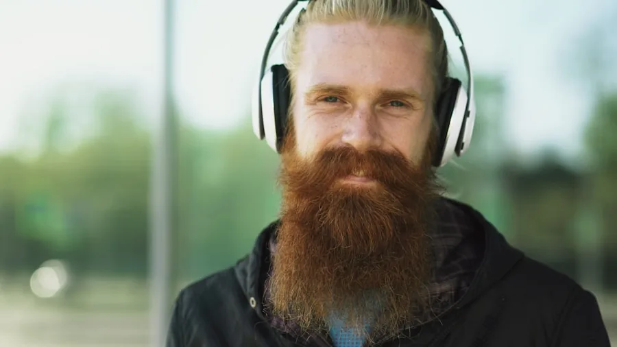 Person enjoying music outdoors with wireless headphones during daily activity