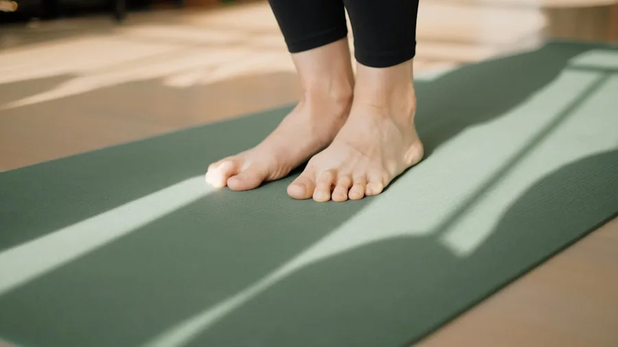 Person examining and comparing different yoga mats on wooden floor to assess quality and value