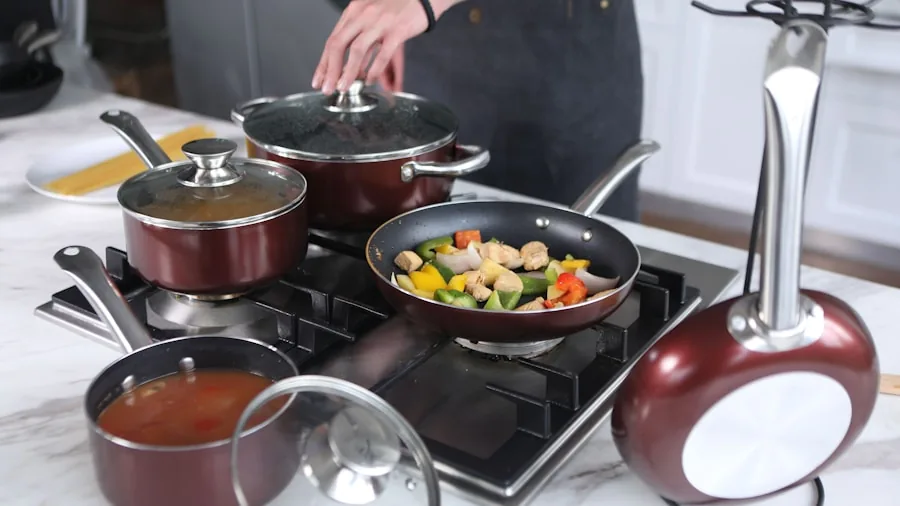 The %product_count% Best Cookware Sets 3 Person examining different cookware pieces and lids while planning kitchen setup at home