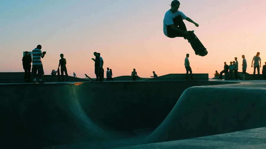 Person examining skateboard equipment outdoors, considering quality and durability of gear purchases