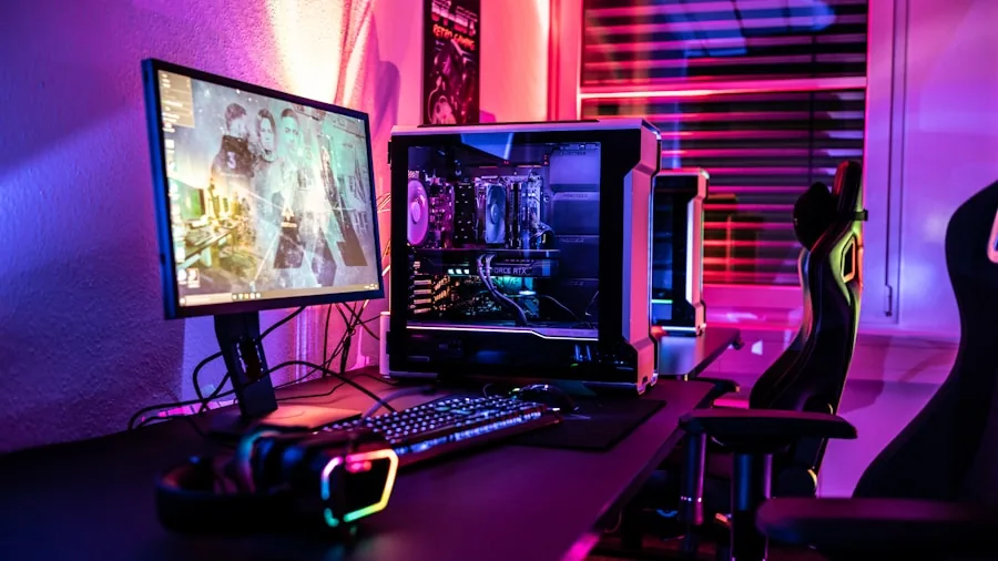 Person gaming at computer setup with monitor and keyboard in home environment
