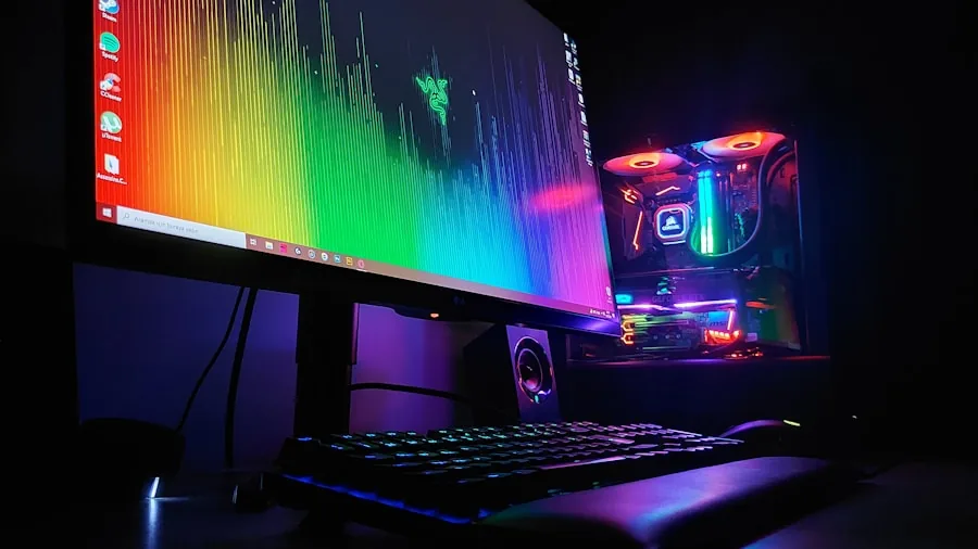 Person gaming with multiple controllers and devices on desk setup