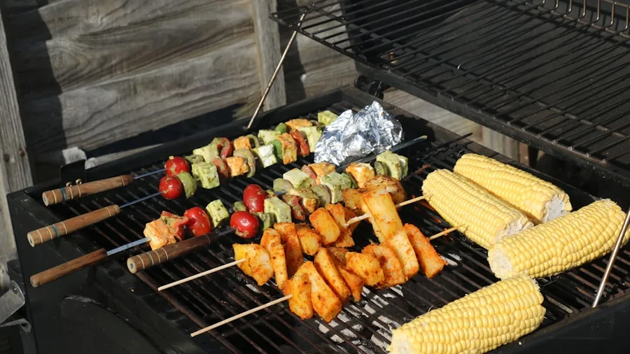The %product_count% Best Outdoor Grills 4 Person grilling different foods on multiple burner zones at outdoor backyard cookout