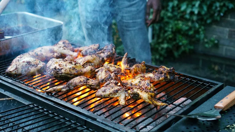 Person grilling food over charcoal in backyard during daytime gathering