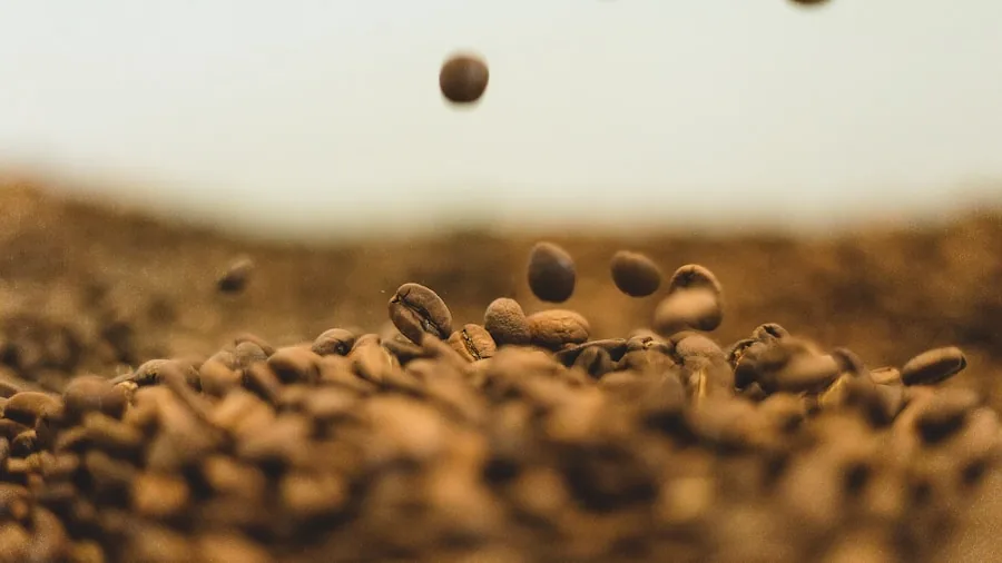 Person grinding whole coffee beans in kitchen with fresh aromatic coffee preparation