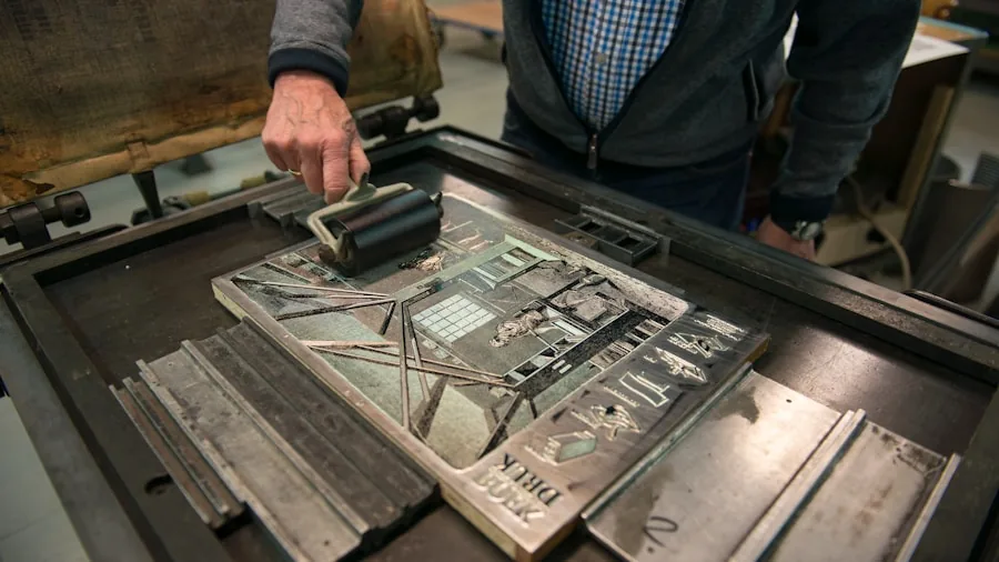 Person inspecting different metal material samples and textures in natural light