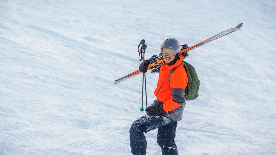 Person inspecting ski gear on a snowy mountain slope during winter