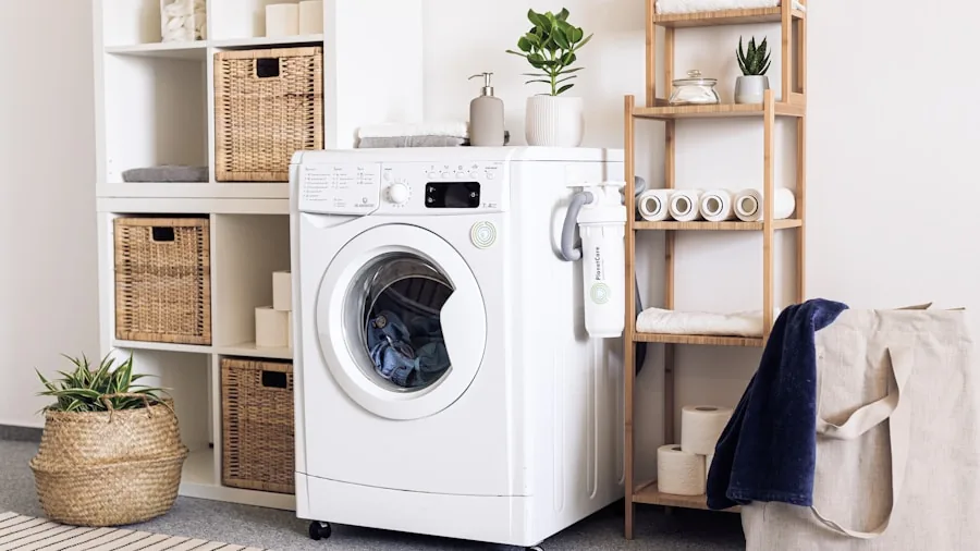 Person loading dog bed cover into washing machine for cleaning