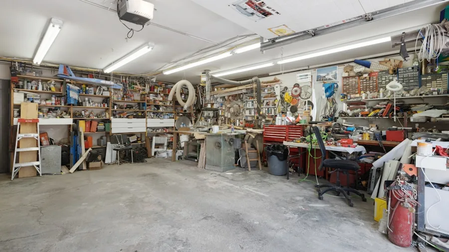 Person measuring garage wall space for storage planning and organization project