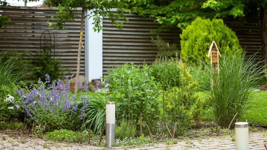 Person measuring outdoor patio space with tape measure for garden bed placement