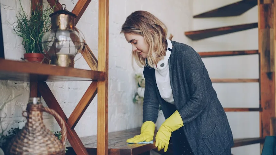 Person organizing and cleaning household supplies in a bright, modern home environment