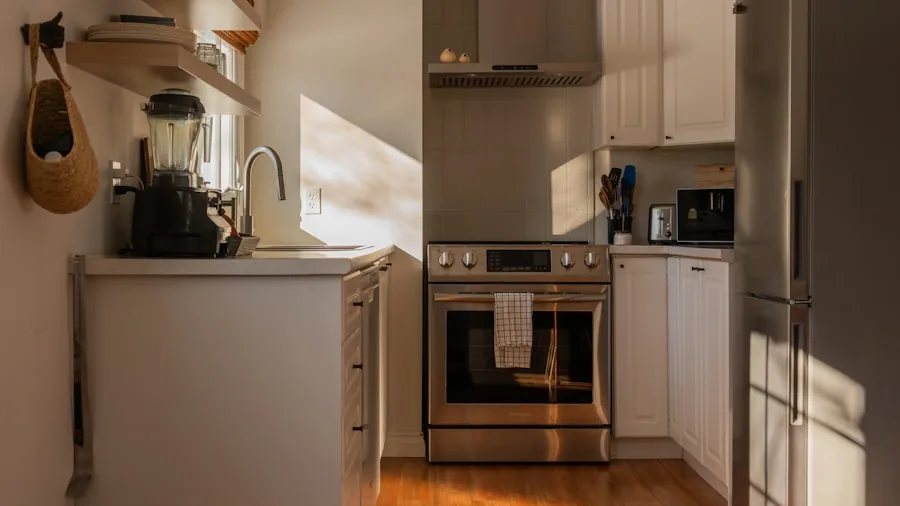 Person preparing food in a compact kitchen with limited counter space
