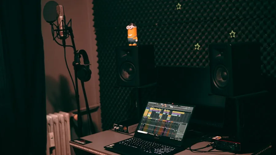 Person recording podcast in home studio setup with microphone and headphones